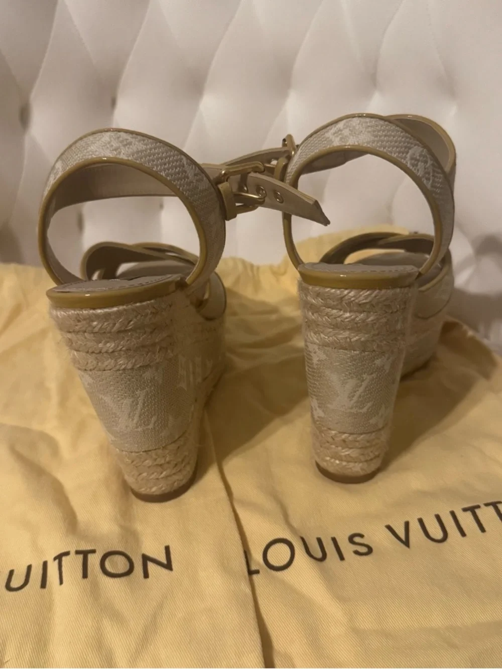 Louis Vuitton Cream Monogram Canvas Platform Wedge Sandals